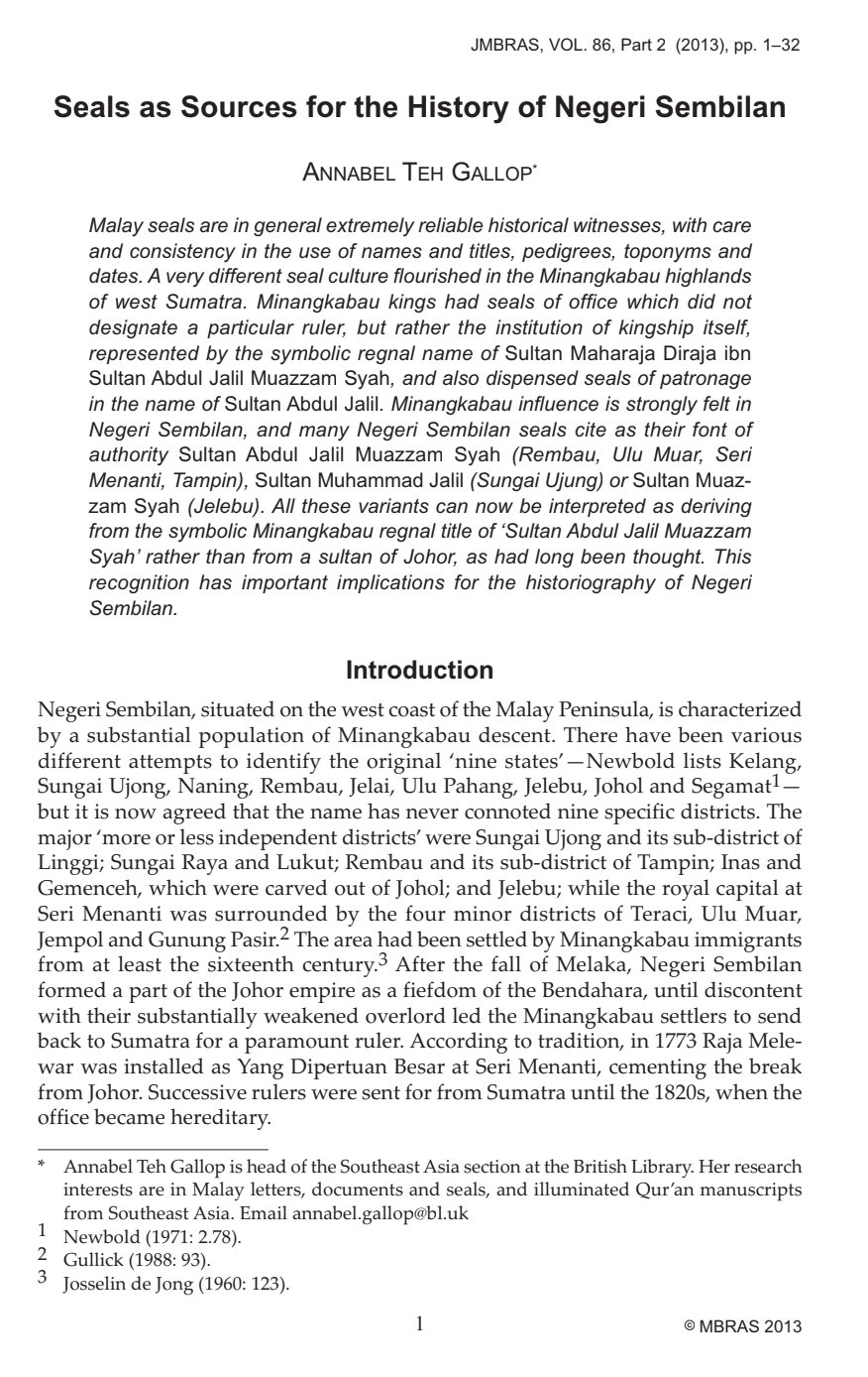 Seals as Sources for the History of Negeri Sembilan
